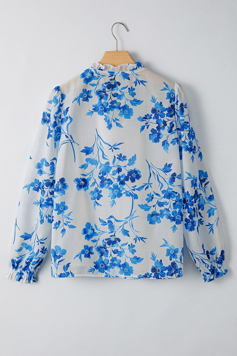 Elegant Casual Wear: Women's Long Sleeve Lace-up V Neck Blouse in Blue Floral Print - Detail View 3 Elegant Casual Wear: Women's Long Sleeve Lace-up V Neck Blouse in Blue Floral Print - Detail View 3