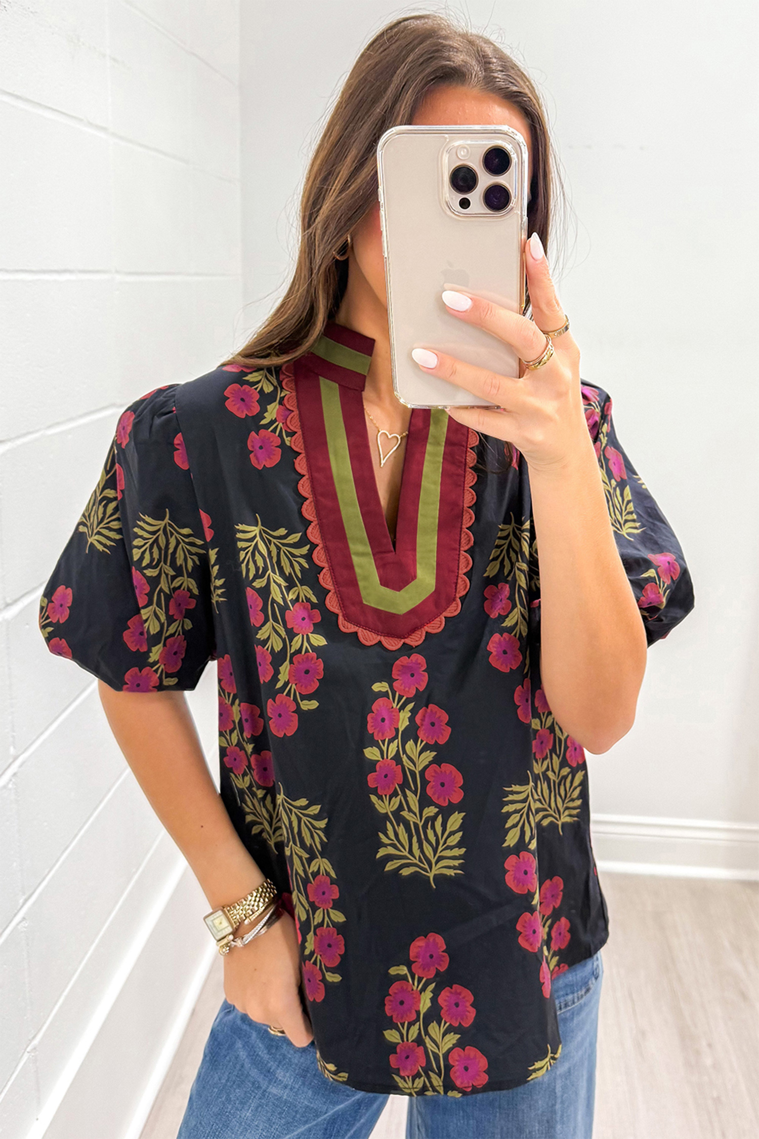 Floral Print Black Blouse for Women – Short Sleeve Shift Style with Contrast Slit Neckline - Detail View 3 Floral Print Black Blouse for Women – Short Sleeve Shift Style with Contrast Slit Neckline - Detail View 3