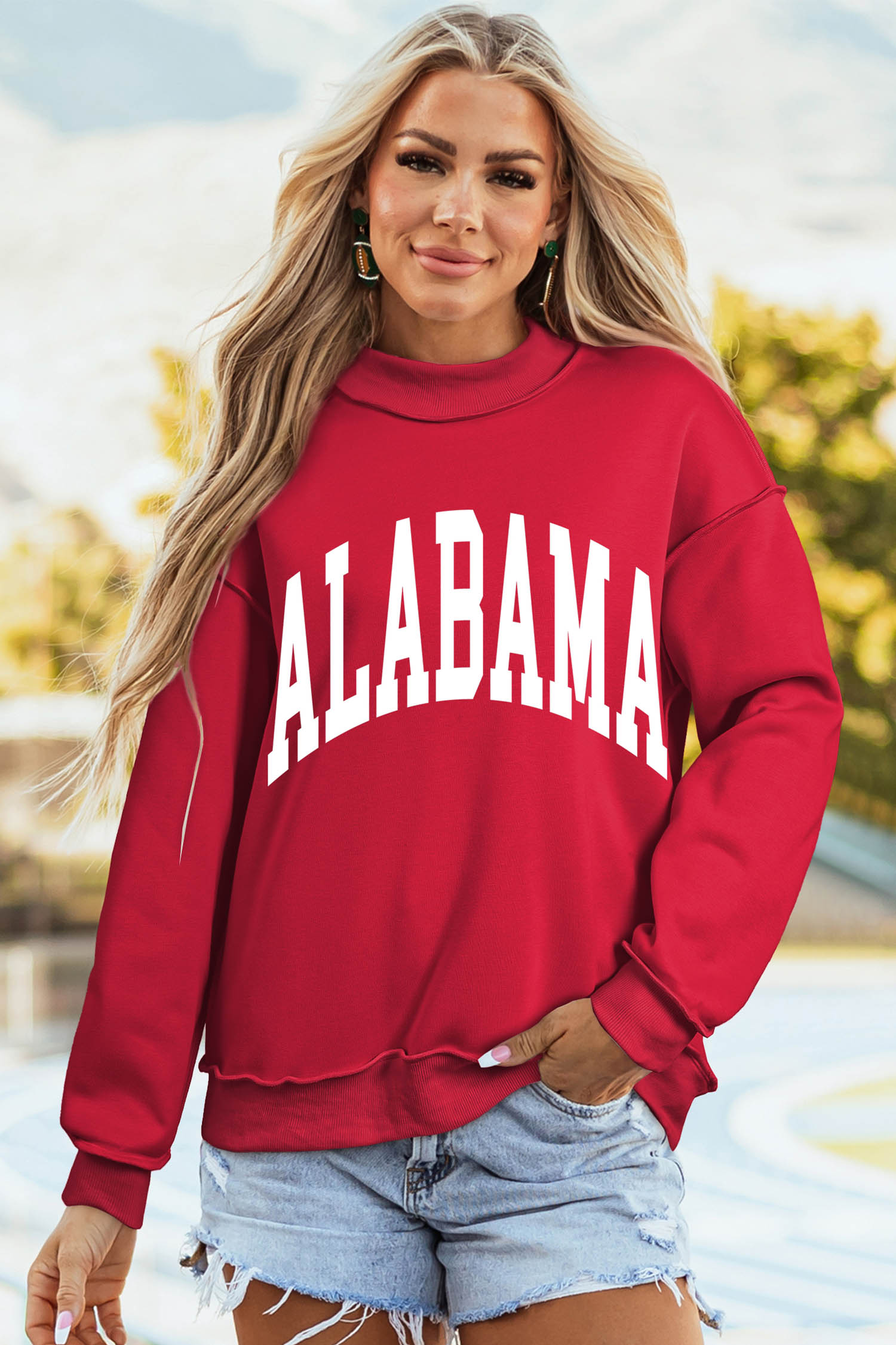 Women's Alabama Mock Neck Sweatshirt, Casual Baggy Pullover - Detail View 10 Women's Alabama Mock Neck Sweatshirt, Casual Baggy Pullover - Detail View 10