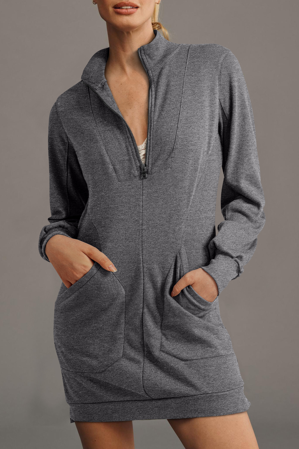 Women's Dark Grey Zip-Up Sweatshirt Dress with Pockets – Casual Fall Layering - Detail View 10 Women's Dark Grey Zip-Up Sweatshirt Dress with Pockets – Casual Fall Layering - Detail View 10