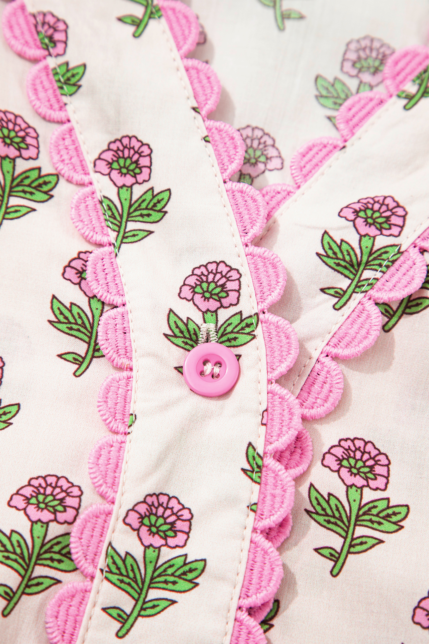 Women's Pink Floral V Neck Dress – Scallop Trim Button Front for Casual Summer Outings - Detail View 13 Women's Pink Floral V Neck Dress – Scallop Trim Button Front for Casual Summer Outings - Detail View 13