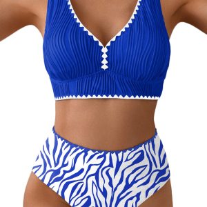 Women's Dark Blue Bikini Set – Rick Rack Trim V Neck Textured Swimsuit, High Waist Two Piece Bathing Suit - Main View