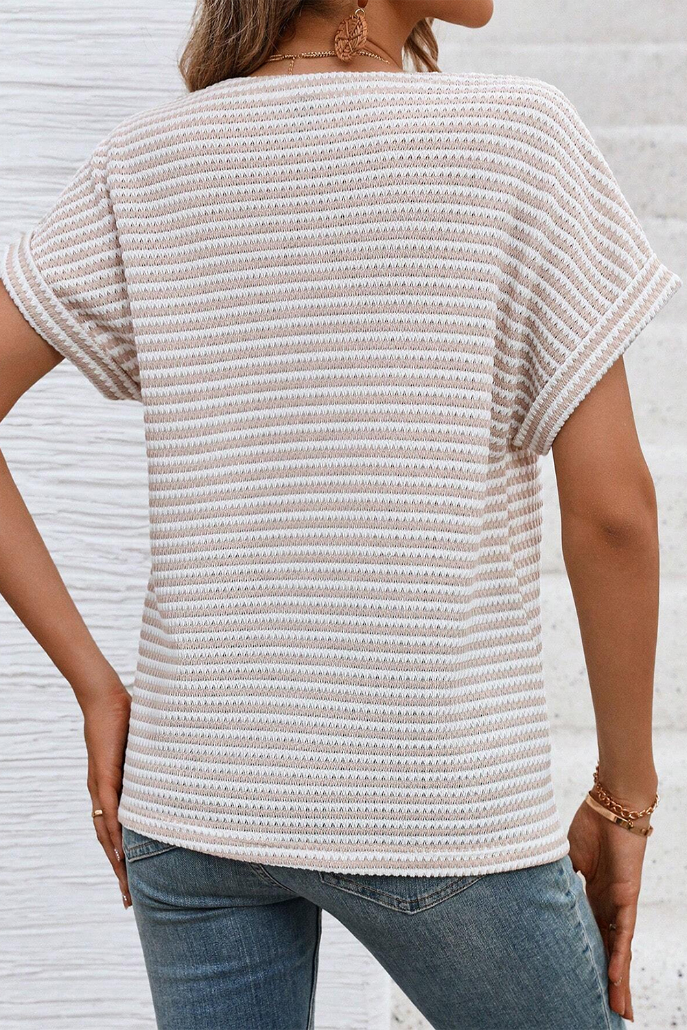 Versatile Buttoned Front V Neck Tee - Classic Striped Pattern for Summer - Detail View 11 Versatile Buttoned Front V Neck Tee - Classic Striped Pattern for Summer - Detail View 11