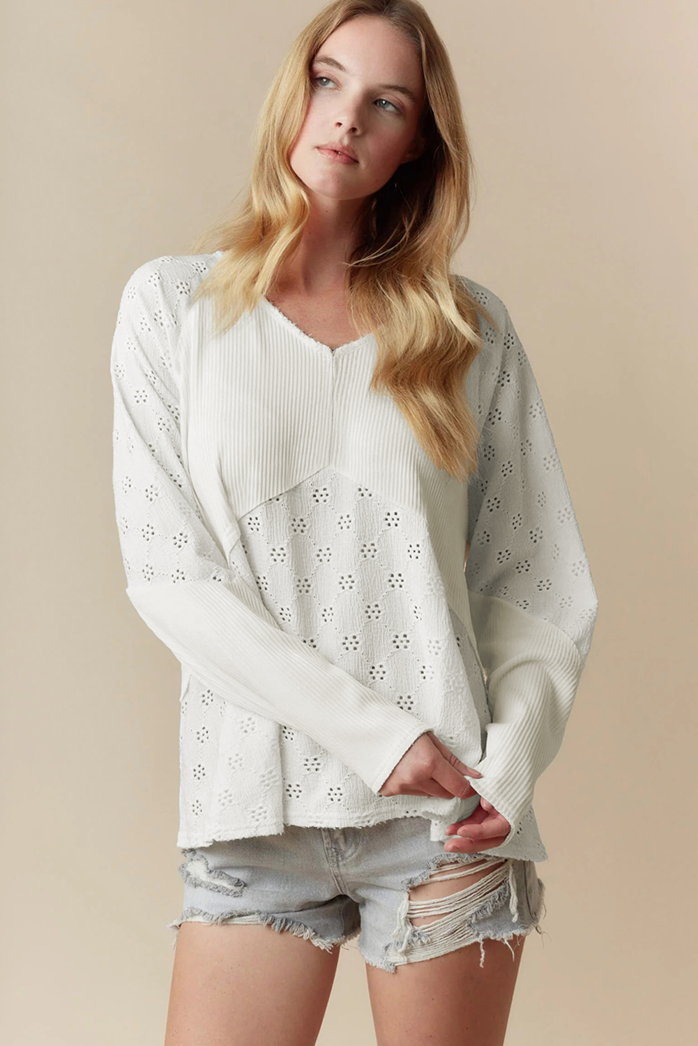 Women's White Twisted Rib Patchwork Embroidered V Neck Long Sleeve Top - Detail View 9 Women's White Twisted Rib Patchwork Embroidered V Neck Long Sleeve Top - Detail View 9