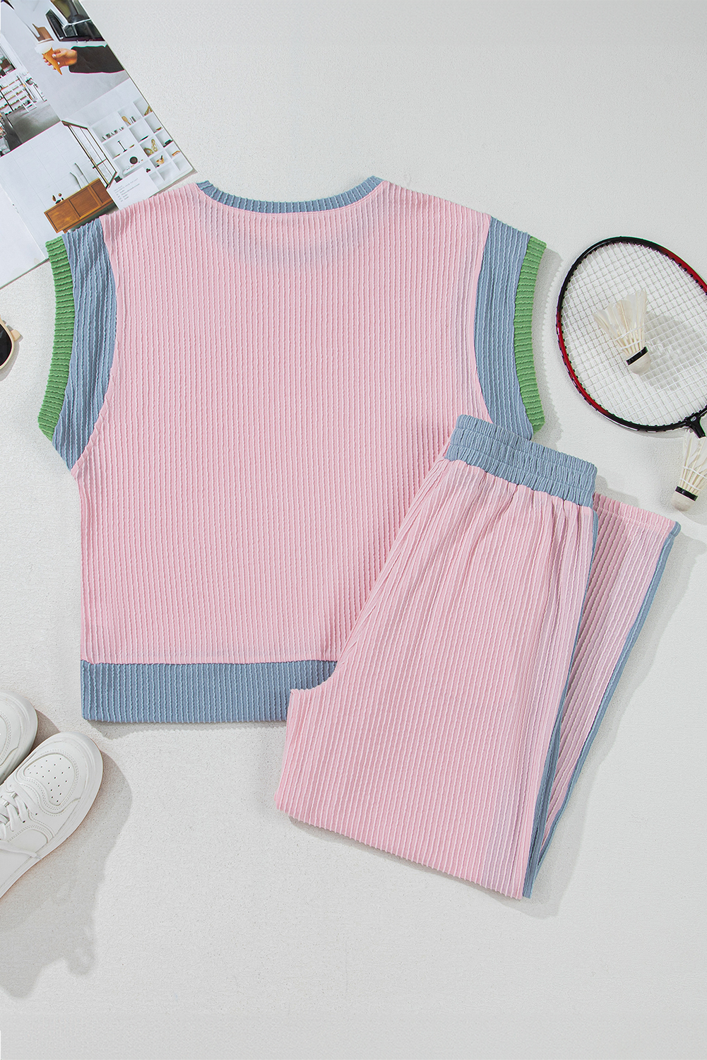 Women's Pink Corded Colorblock Patchwork Short Sleeve Top and Loose Pants Set - Detail View 9 Women's Pink Corded Colorblock Patchwork Short Sleeve Top and Loose Pants Set - Detail View 9