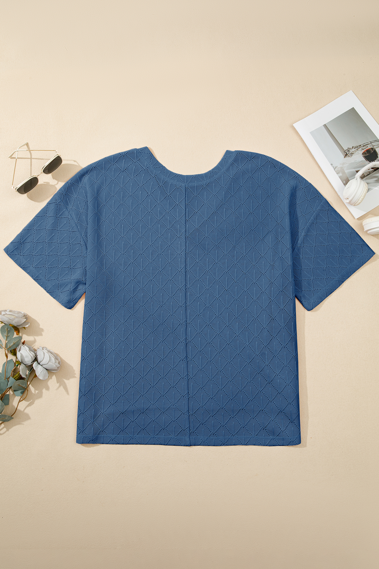 Women's Loose Fit Sky Blue Pointelle Top – Effortless V Neck Casual Wear - Detail View 5 Women's Loose Fit Sky Blue Pointelle Top – Effortless V Neck Casual Wear - Detail View 5