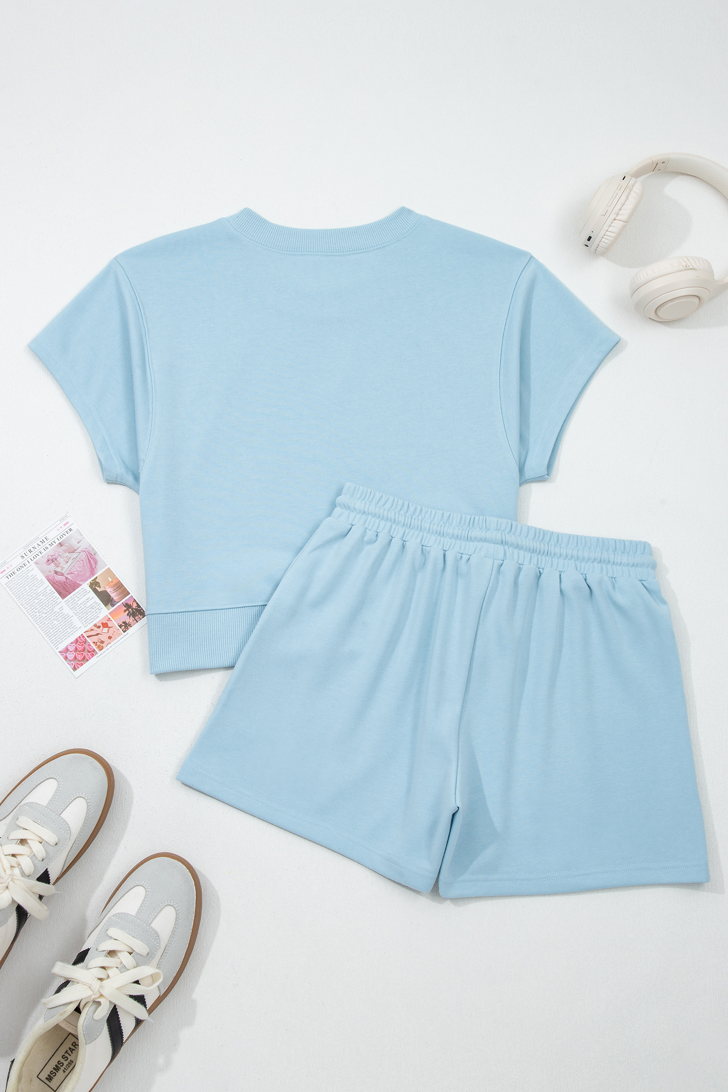 Summer Casual 2-Piece Set for Women – Mist Blue Solid Color Loose Tee and Comfortable Drawstring Shorts - Detail View 5 Summer Casual 2-Piece Set for Women – Mist Blue Solid Color Loose Tee and Comfortable Drawstring Shorts - Detail View 5