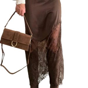 Women's Dark Brown Satin Skirt, Lace Patchwork Maxi Hem - Main View