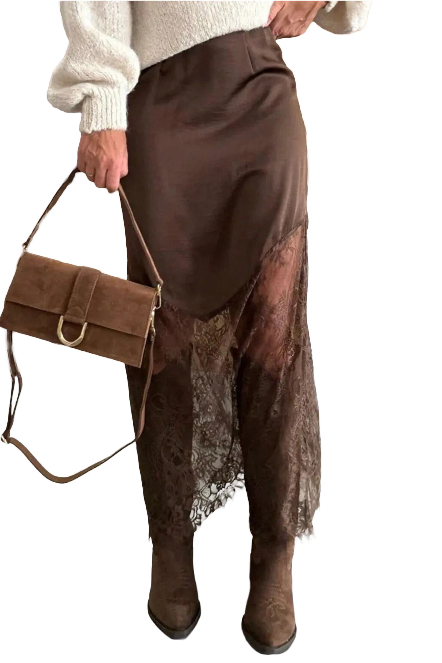 Women's Dark Brown Satin Skirt, Lace Patchwork Maxi Hem - Main View Women's Dark Brown Satin Skirt, Lace Patchwork Maxi Hem - Main View