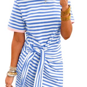 Women's Sky Blue Striped T-Shirt Dress – Casual Short Sleeve Shift Dress with Knot Detail - Main View