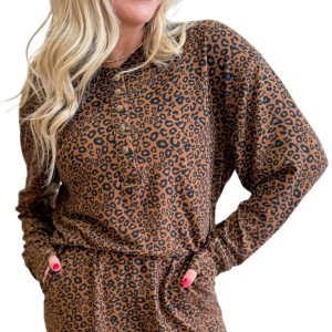 Women's Leopard Print Henley Set, Casual Long Sleeve Outfit - Main View