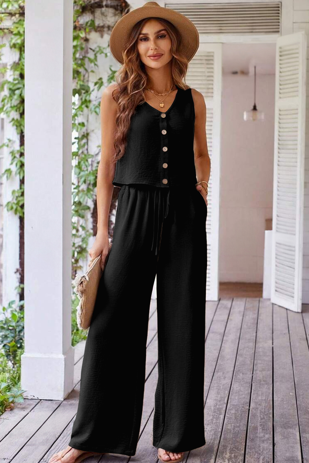 Women's Two Piece Set, Black Vest, Drawstring Pants, Wide Leg, Casual Outfit, Semi-Formal Wear, Sleeveless Top, High Waist, Trendy Ensemble, Comfortable Style, Vacation Wear, Solid Color, Daily Wear - Detail View 4 Women's Two Piece Set, Black Vest, Drawstring Pants, Wide Leg, Casual Outfit, Semi-Formal Wear, Sleeveless Top, High Waist, Trendy Ensemble, Comfortable Style, Vacation Wear, Solid Color, Daily Wear - Detail View 4