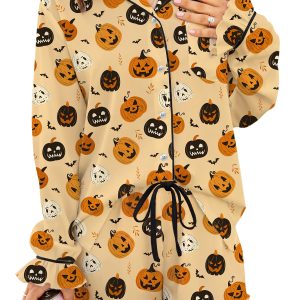 Women's Pumpkin Pajama Set, Long Sleeve Lounge Sleepwear - Main View