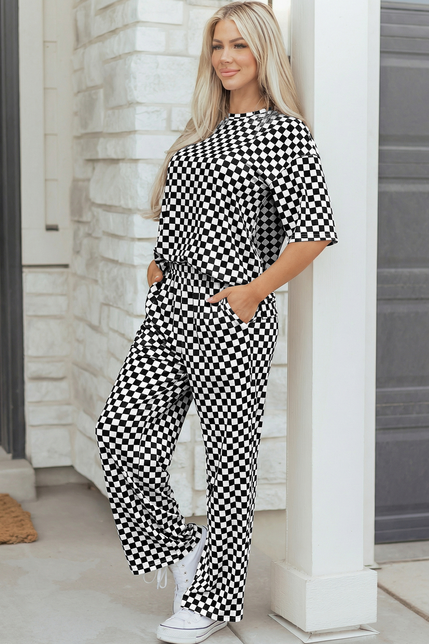 Casual Plaid Lounge Set for Women – Black and White Checkered Half Sleeve Top with High Waist Trousers - Detail View 5 Casual Plaid Lounge Set for Women – Black and White Checkered Half Sleeve Top with High Waist Trousers - Detail View 5