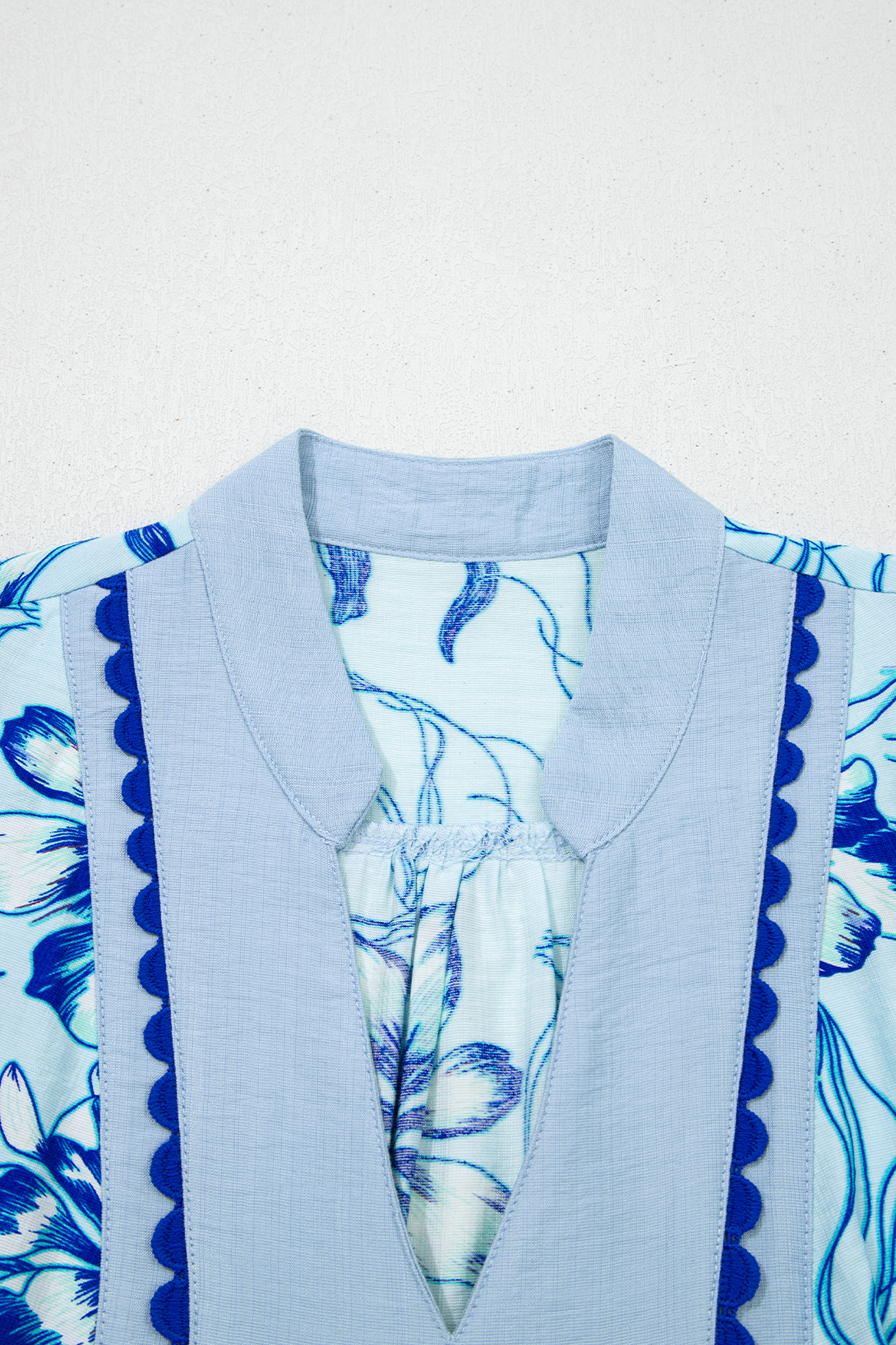 Summer-Ready Women's Floral Blouse – Sky Blue Short Sleeve with Ricrac Trim for Effortless Style - Detail View 9 Summer-Ready Women's Floral Blouse – Sky Blue Short Sleeve with Ricrac Trim for Effortless Style - Detail View 9