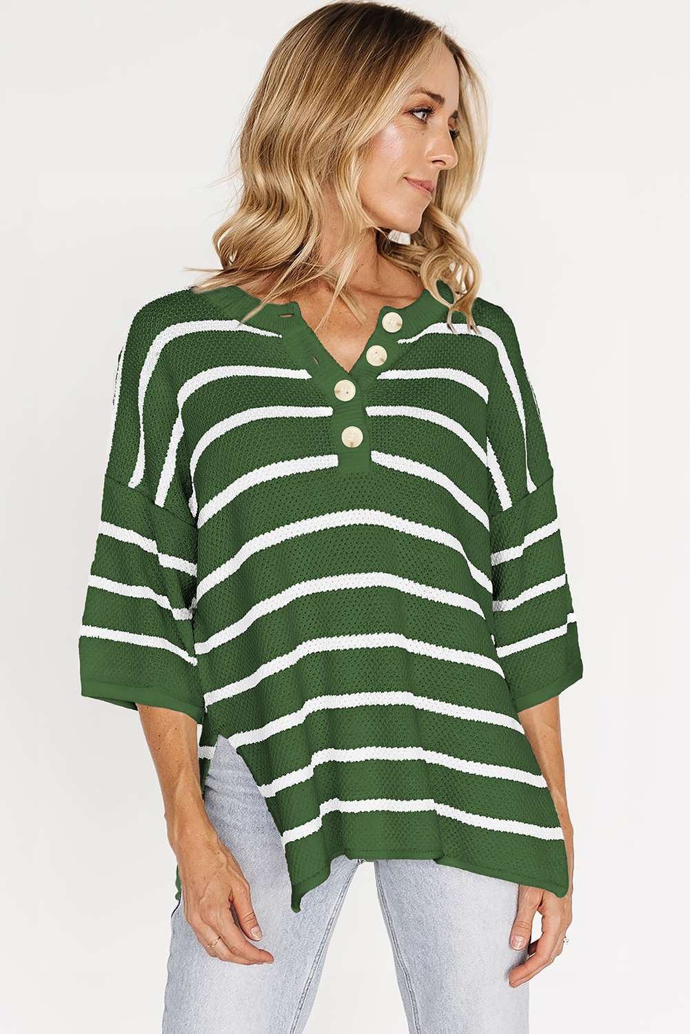 Women's Sweater, Green Stripe, Knit Tee, Buttoned Placket, Drop Shoulder, Three Quarter Sleeve, Casual Style, Daily Wear, Flattering Fit, Side Slits, Comfortable, Trendy Design, Short Sleeve Sweaters, Summer Fashion - Detail View 4 Women's Sweater, Green Stripe, Knit Tee, Buttoned Placket, Drop Shoulder, Three Quarter Sleeve, Casual Style, Daily Wear, Flattering Fit, Side Slits, Comfortable, Trendy Design, Short Sleeve Sweaters, Summer Fashion - Detail View 4