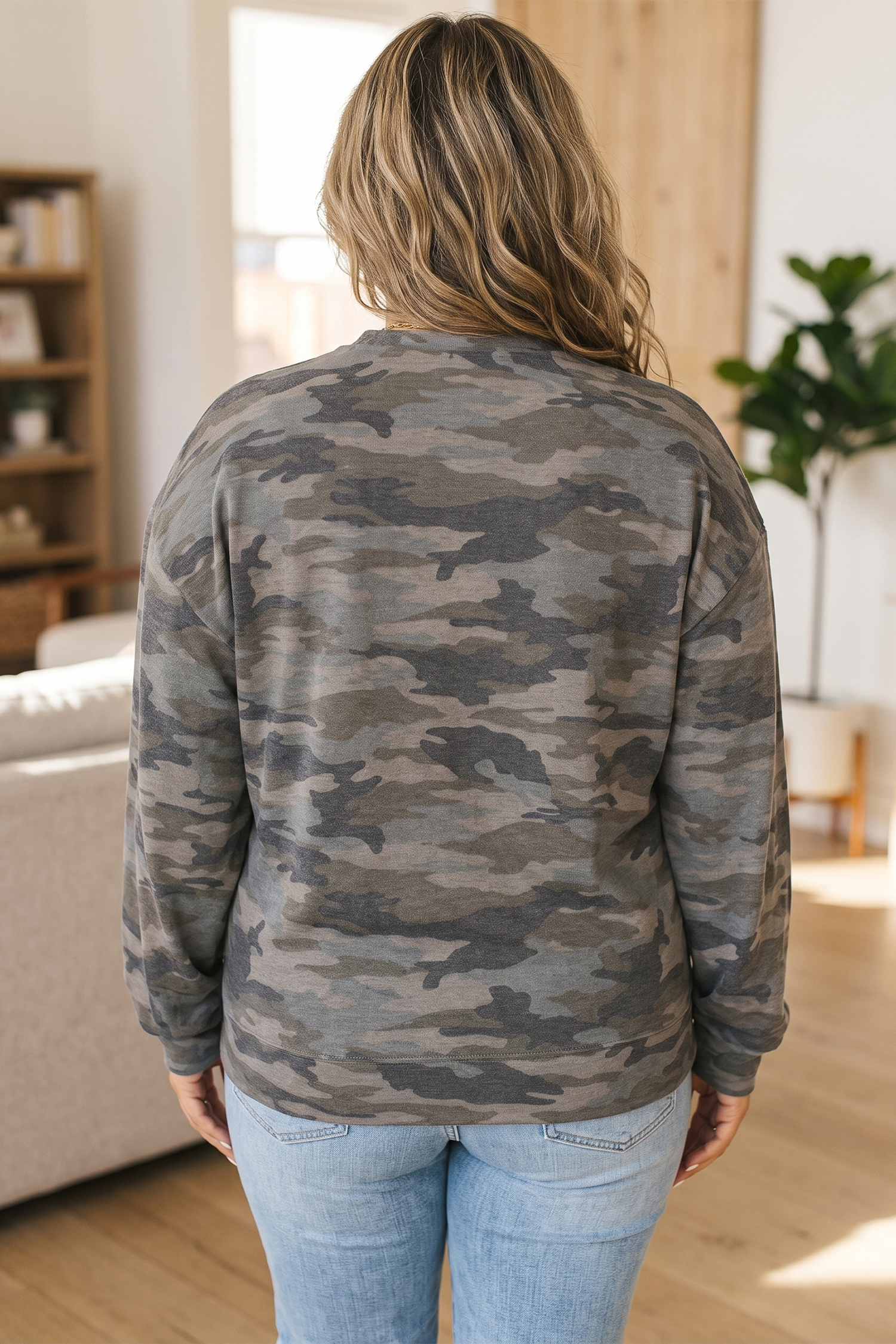 Green Camouflage Plus Size Blouse, Trendy Autumn Shift Top - Detail View 2 Green Camouflage Plus Size Blouse, Trendy Autumn Shift Top - Detail View 2