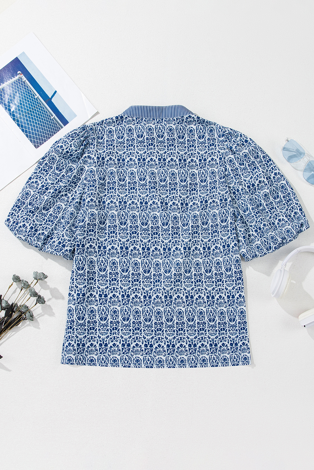 Women's Top, Blue Floral Print, Striped Print, Puff Sleeve, Contrast Ric-Rac, V Neck, Bohemian Style, Elegant Design, Daily Wear, Summer Fashion, Trendy Blouse, Shift Silhouette, 100% Polyester, Casual Top - Detail View 4 Women's Top, Blue Floral Print, Striped Print, Puff Sleeve, Contrast Ric-Rac, V Neck, Bohemian Style, Elegant Design, Daily Wear, Summer Fashion, Trendy Blouse, Shift Silhouette, 100% Polyester, Casual Top - Detail View 4