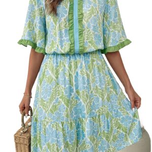 Sky Blue Floral Print Mini Dress for Women – High Waist Ruffle Short Sleeve Summer Style - Main View