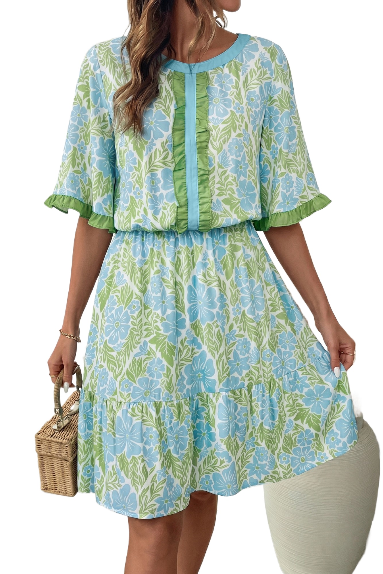 Sky Blue Floral Print Mini Dress for Women – High Waist Ruffle Short Sleeve Summer Style - Main View Sky Blue Floral Print Mini Dress for Women – High Waist Ruffle Short Sleeve Summer Style - Main View