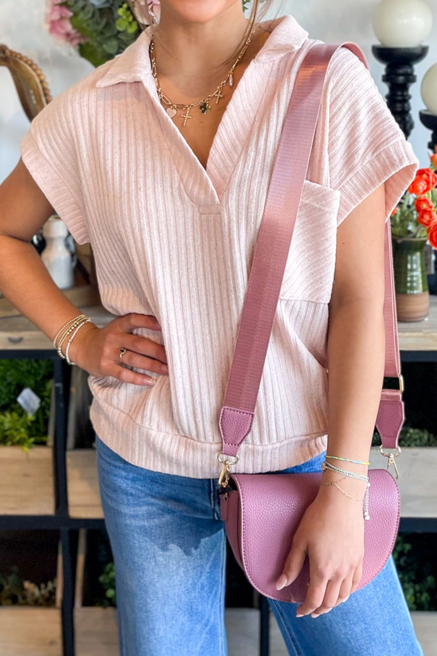 Women's Light Pink Collared V Neck Tee – Stylish Ribbed Top for Daily Wear - Detail View 5 Women's Light Pink Collared V Neck Tee – Stylish Ribbed Top for Daily Wear - Detail View 5