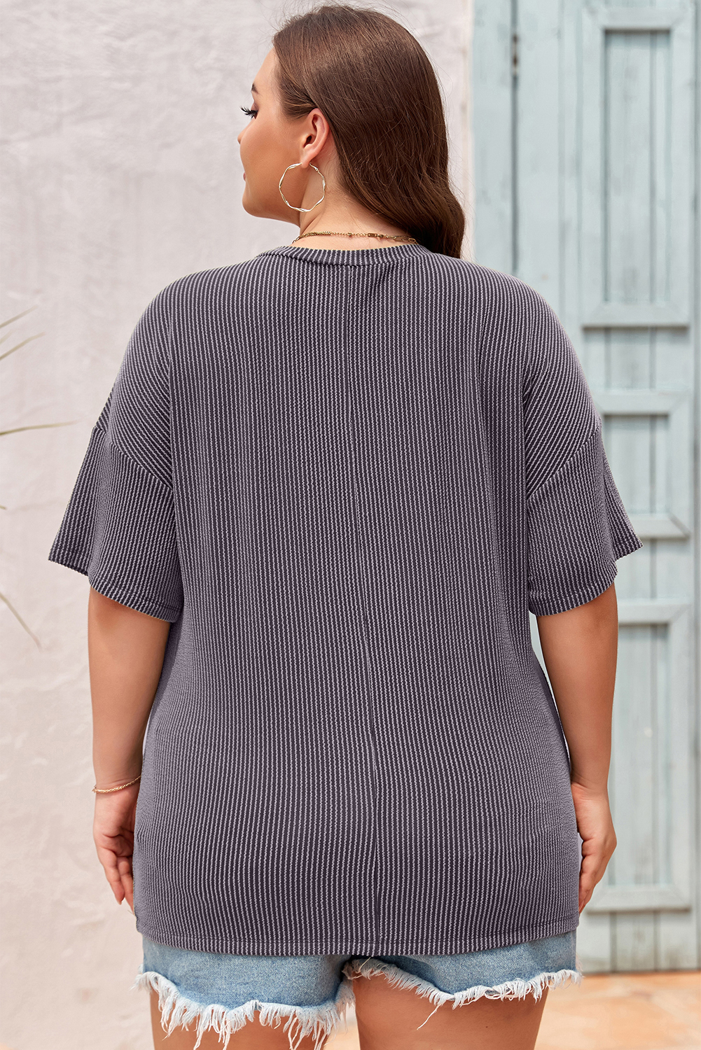 Light Grey V-Neck Plus T-Shirt for Women – Stylish Dropped Shoulder Design, Perfect for Everyday Wear - Detail View 2 Light Grey V-Neck Plus T-Shirt for Women – Stylish Dropped Shoulder Design, Perfect for Everyday Wear - Detail View 2