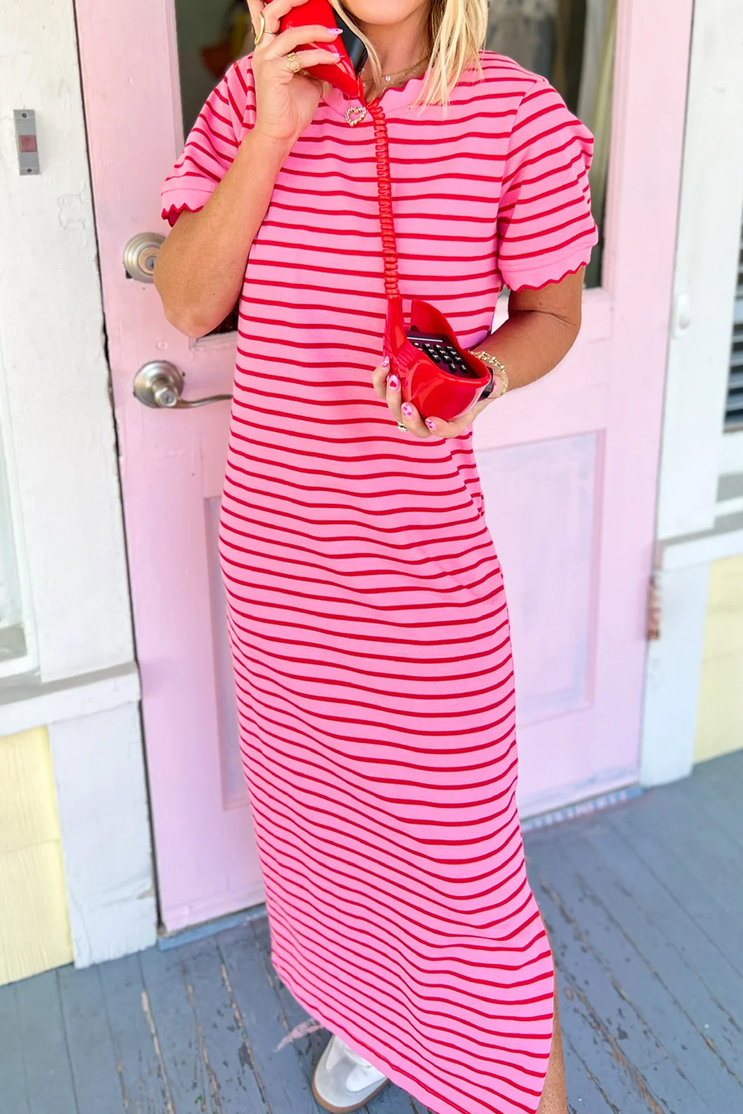Chic Striped Long T-Shirt Dress for Women – Cotton Blend Side Slit Casual Dress Gift - Detail View 3 Chic Striped Long T-Shirt Dress for Women – Cotton Blend Side Slit Casual Dress Gift - Detail View 3