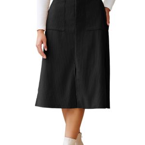 Women's Black Front Slit High Waist Midi Skirt – Stylish Casual Essential for Every Day - Main View