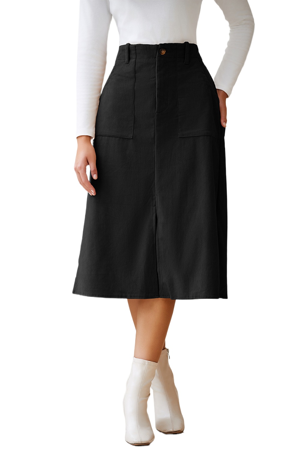 Women's Black Front Slit High Waist Midi Skirt – Stylish Casual Essential for Every Day - Main View Women's Black Front Slit High Waist Midi Skirt – Stylish Casual Essential for Every Day - Main View