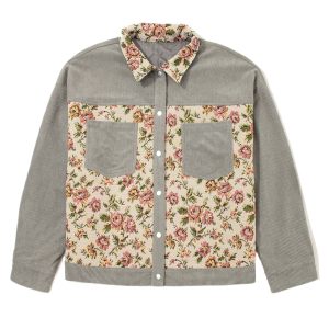 Women's Medium Grey Corduroy Floral Patchwork Jacket – Vintage V-Neck Long Sleeve for Daily Casual Wear - Main View