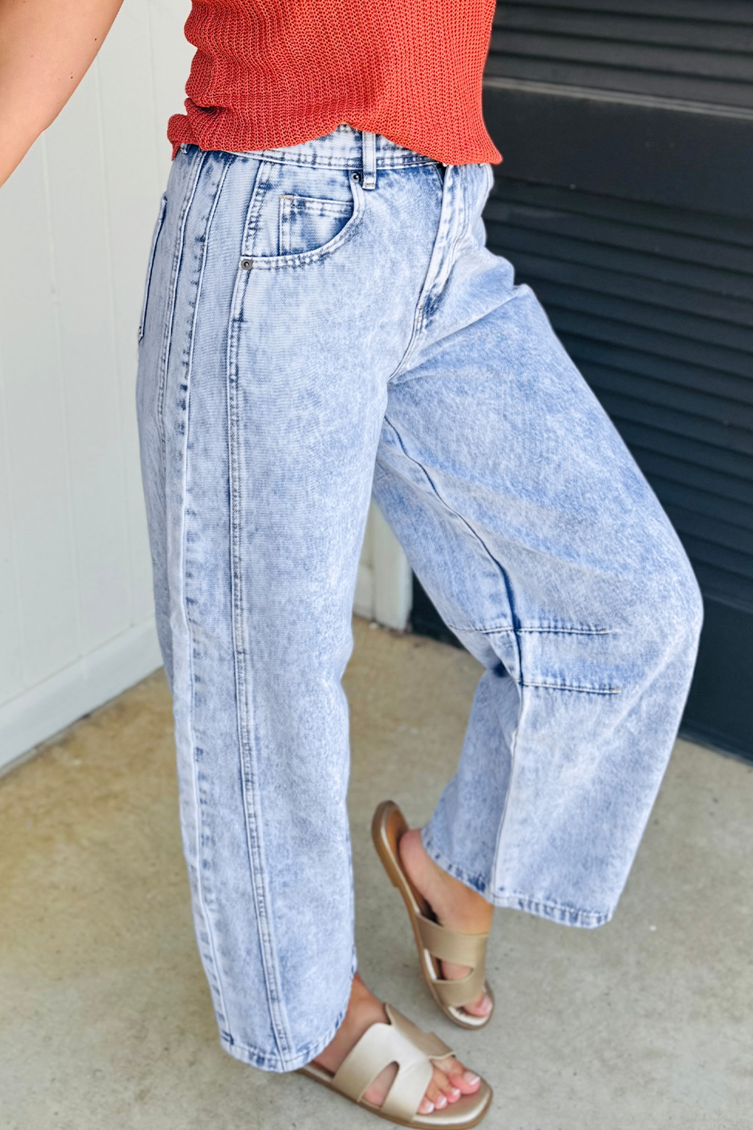 High Waisted Barrel Leg Jeans, Light Blue Denim for Women - Detail View 2 High Waisted Barrel Leg Jeans, Light Blue Denim for Women - Detail View 2