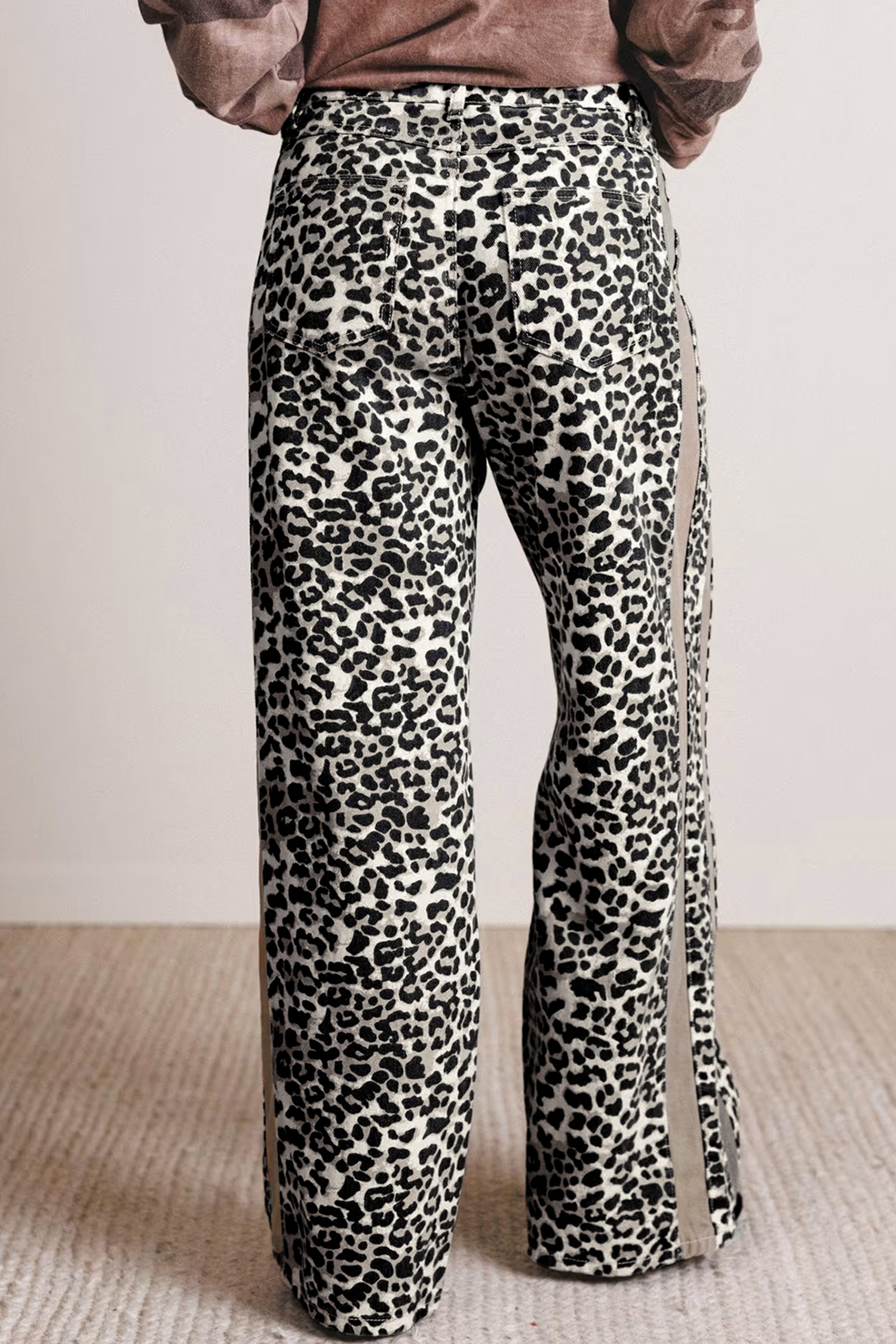 Khaki Leopard Wide Leg Jeans, Sporty Drawstring Denim Pants - Detail View 5 Khaki Leopard Wide Leg Jeans, Sporty Drawstring Denim Pants - Detail View 5