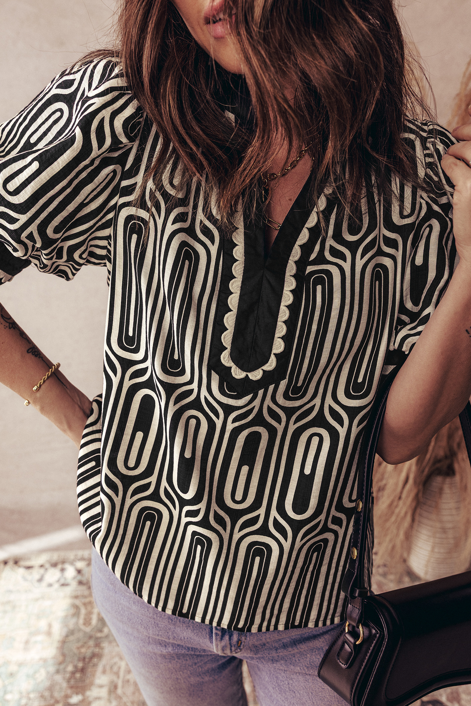 Casual Southern Belle Style Black Blouse – Geometric Print Short Sleeve Top for Summer Office Wear - Detail View 3 Casual Southern Belle Style Black Blouse – Geometric Print Short Sleeve Top for Summer Office Wear - Detail View 3