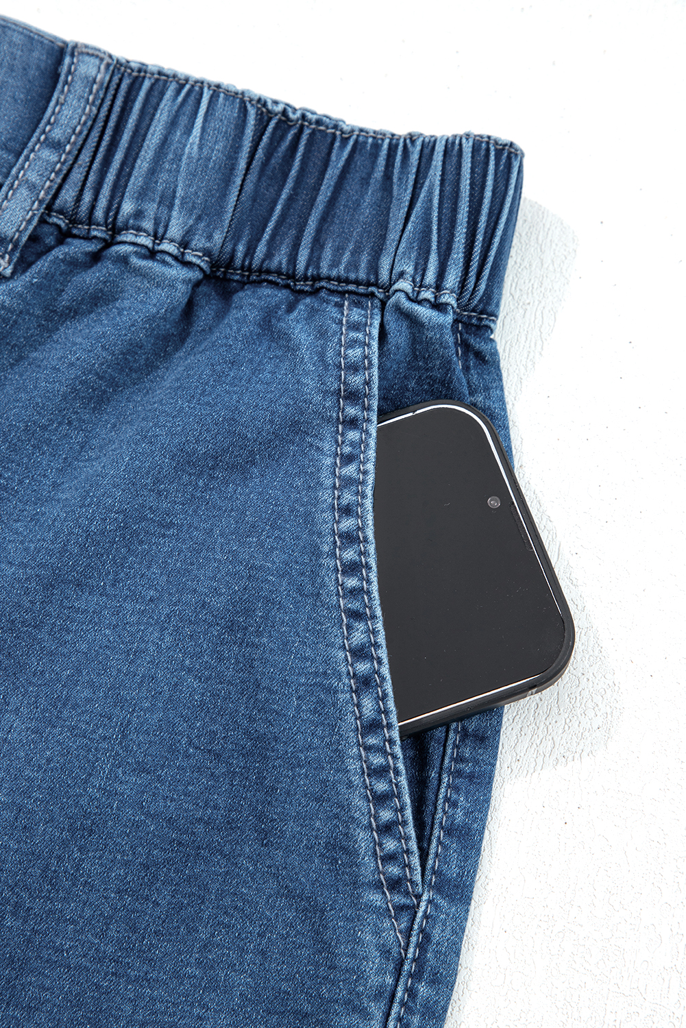 Stylish Sail Blue Plus Size Denim Pants with Elastic Waist – Ruffled Wide Leg Design - Detail View 15 Stylish Sail Blue Plus Size Denim Pants with Elastic Waist – Ruffled Wide Leg Design - Detail View 15