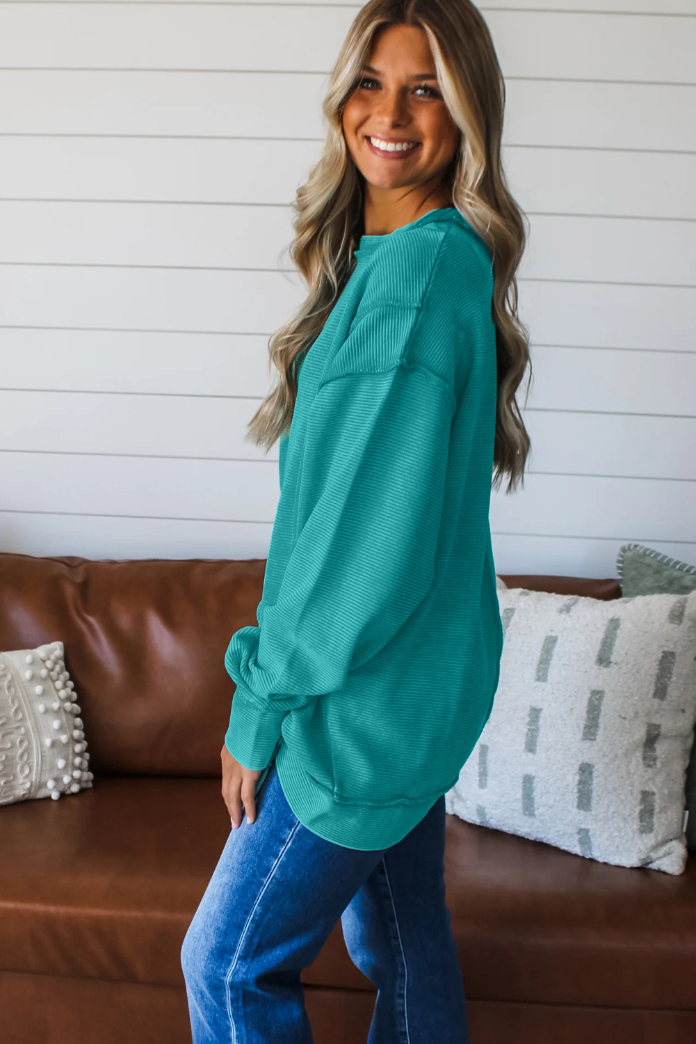 Chic Sea Green Baggy Pullover with Exposed Seam for Women – Ideal for Daily Wear - Detail View 8 Chic Sea Green Baggy Pullover with Exposed Seam for Women – Ideal for Daily Wear - Detail View 8