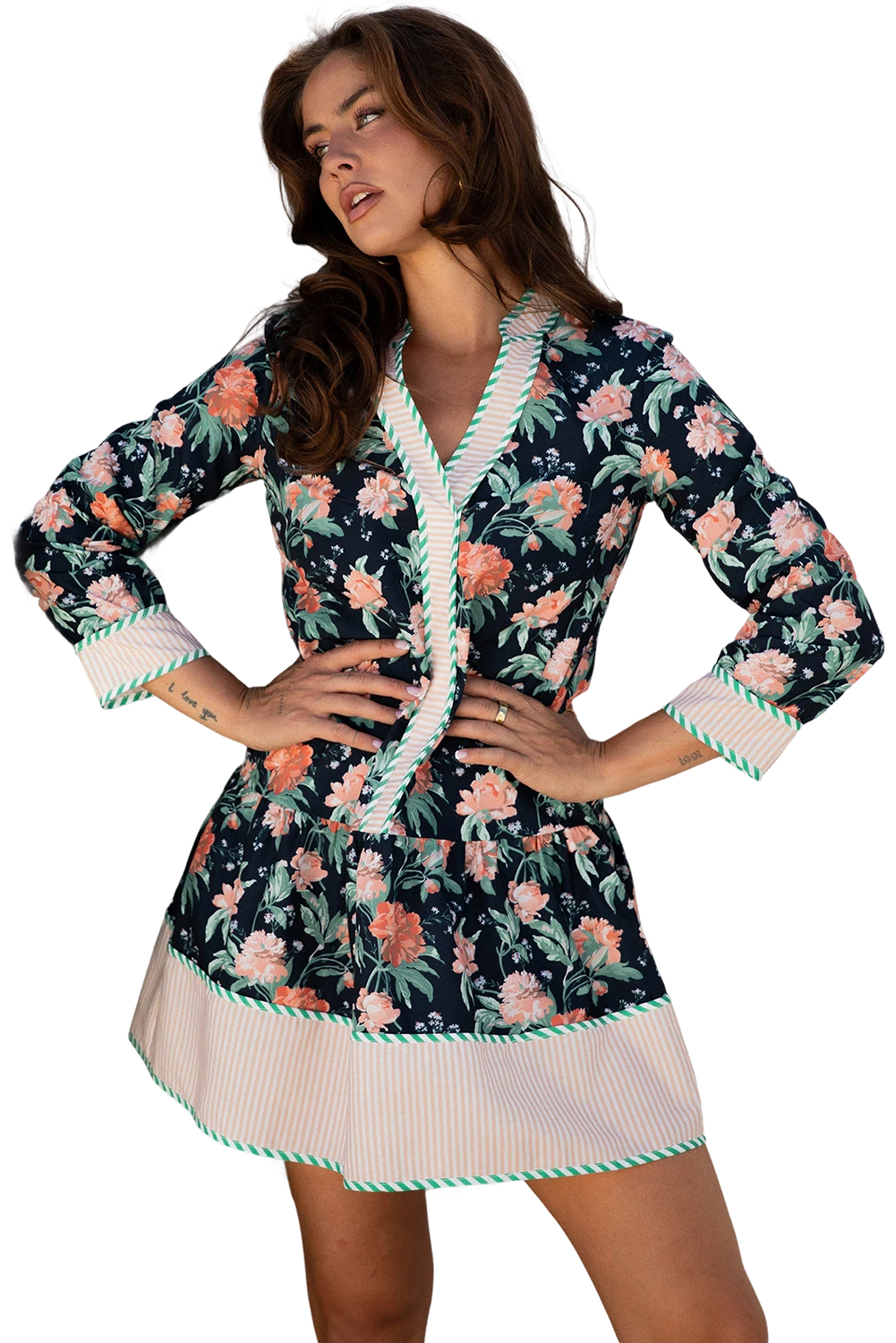Women's Blue Floral Print V-Neck Shift Mini Dress for Daily Wear - Main View Women's Blue Floral Print V-Neck Shift Mini Dress for Daily Wear - Main View