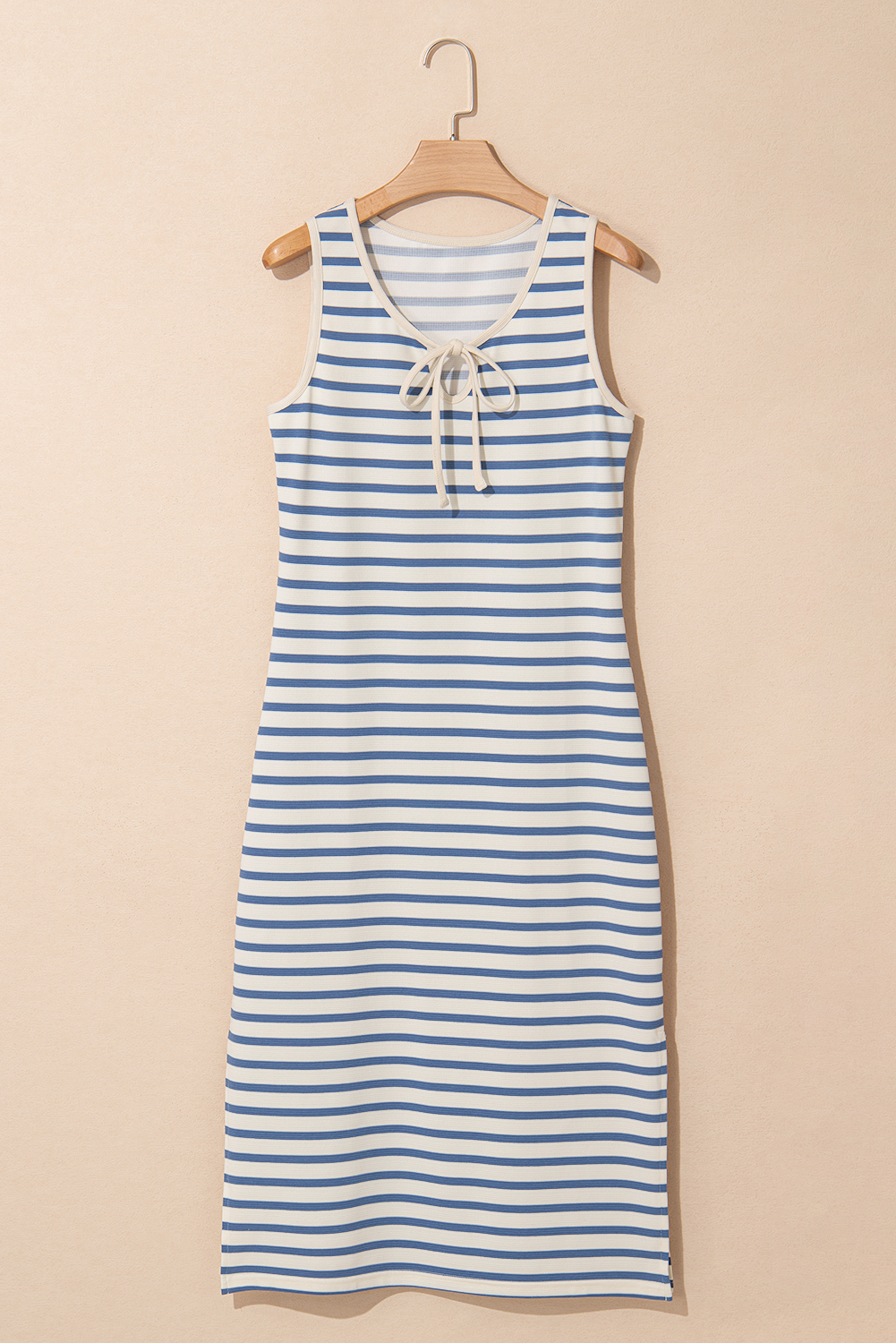 Casual Sky Blue Stripe Midi Dress for Women – V Neck and Side Slit Design for Warm Days - Detail View 6 Casual Sky Blue Stripe Midi Dress for Women – V Neck and Side Slit Design for Warm Days - Detail View 6