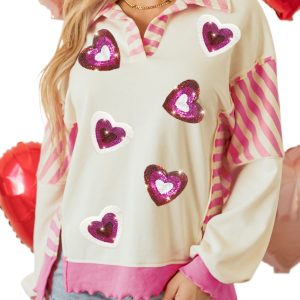 Women's Pink Stripe Patchwork Long Sleeve Top with Sequin Heart Pattern - Main View