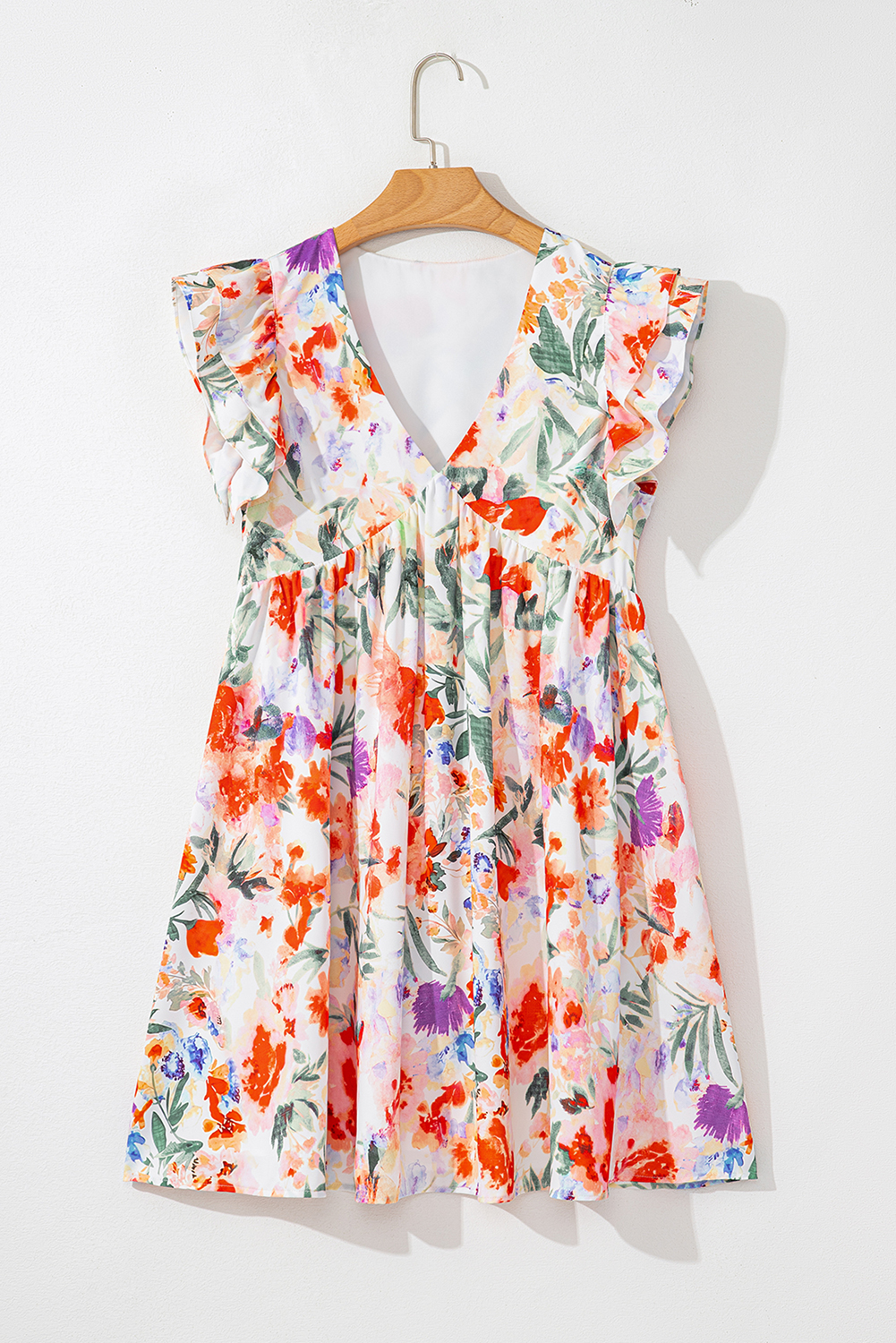 Women's Pink Floral Double Ruffle Sleeve V Neck High Waist Mini Dress - Perfect for Spring and Summer - Detail View 17 Women's Pink Floral Double Ruffle Sleeve V Neck High Waist Mini Dress - Perfect for Spring and Summer - Detail View 17