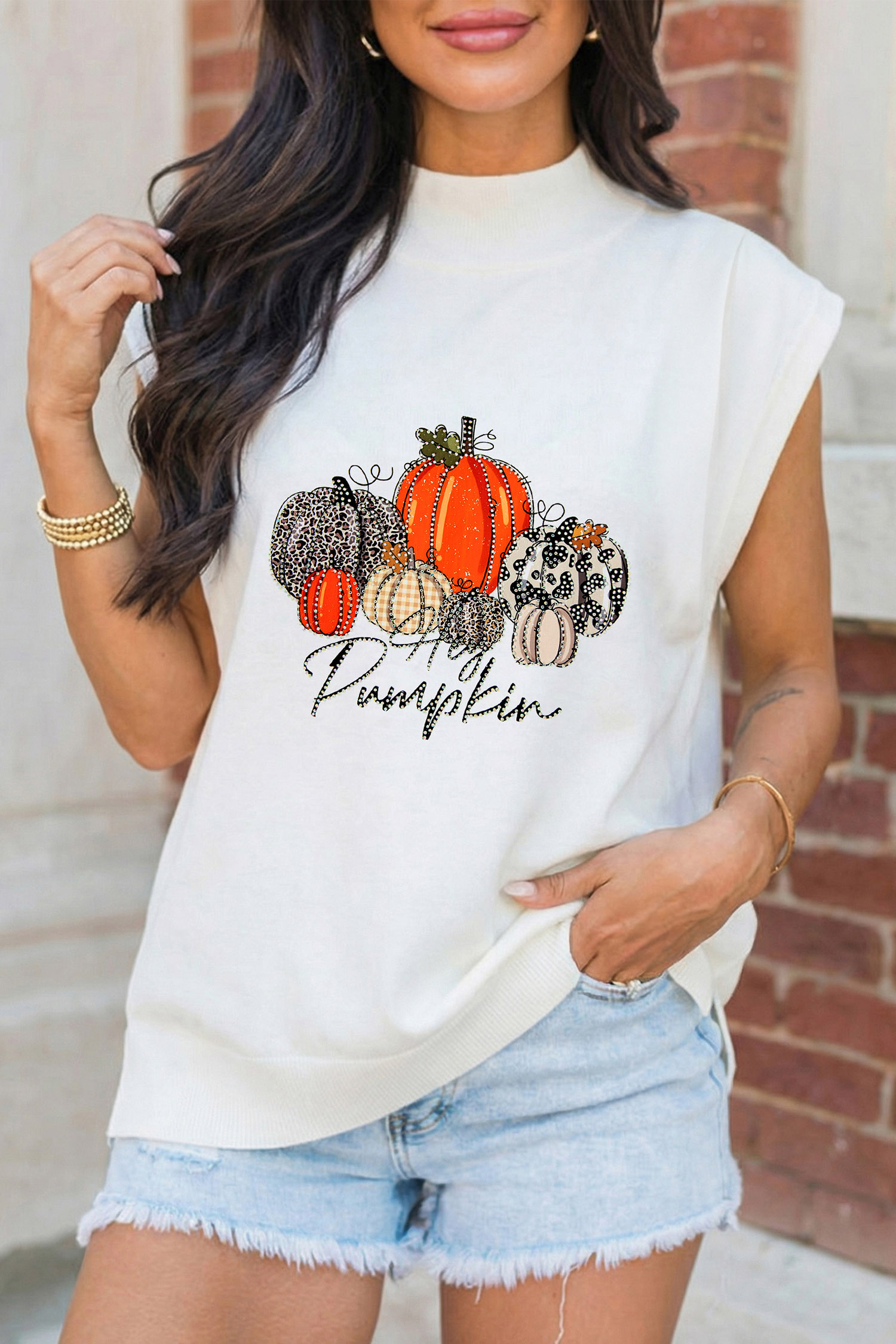 Women's Rhinestone Pumpkin High Neck Tee, Fall Graphic - Detail View 5 Women's Rhinestone Pumpkin High Neck Tee, Fall Graphic - Detail View 5