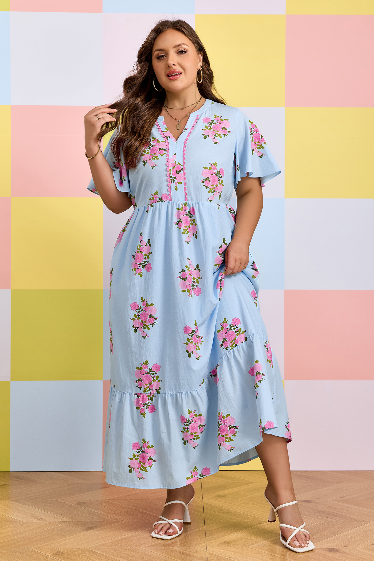 Women's Sky Blue Floral V-Neck Maxi Dress – Short Sleeve High Waist Casual Summer Long Dress - Detail View 19 Women's Sky Blue Floral V-Neck Maxi Dress – Short Sleeve High Waist Casual Summer Long Dress - Detail View 19