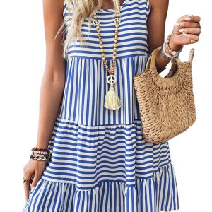 Women's Sky Blue Striped U Neck Sleeveless Mini Dress - Casual Summer Fashion - Main View