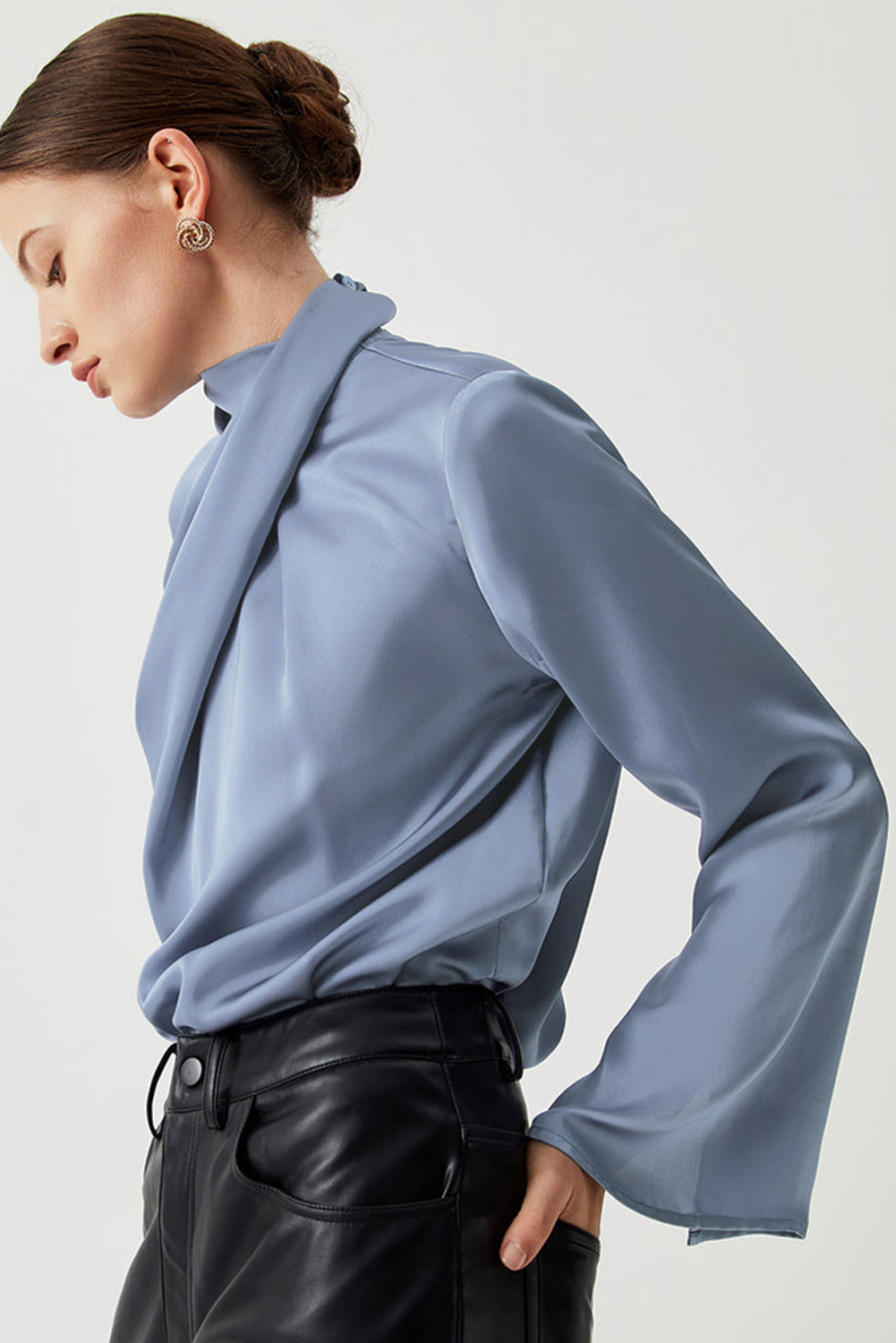Sophisticated Mock Neck Blouse, Chic Drape Front Dressy Top - Detail View 2 Sophisticated Mock Neck Blouse, Chic Drape Front Dressy Top - Detail View 2