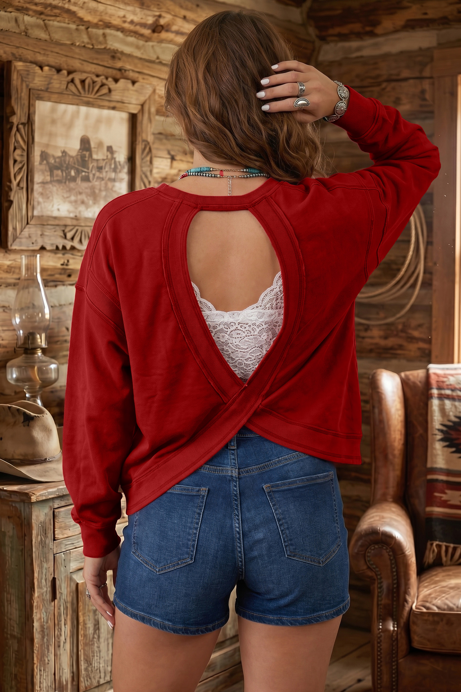 Women's Casual Red Sweatshirt, Comfortable Ribbed Back Detail - Detail View 3 Women's Casual Red Sweatshirt, Comfortable Ribbed Back Detail - Detail View 3
