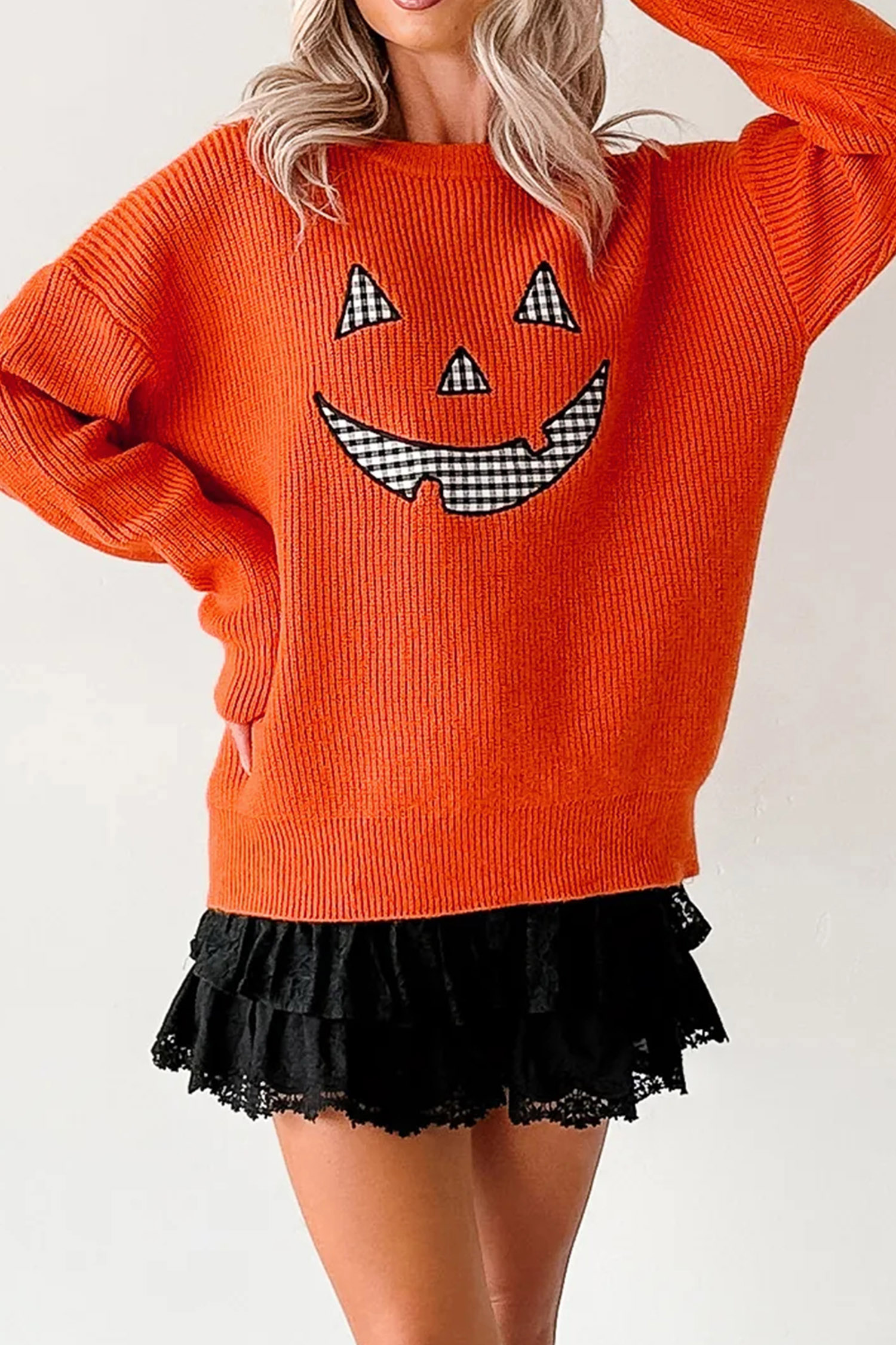 Women's Halloween Pumpkin Sweater, Orange Long Sleeve Knit - Detail View 13 Women's Halloween Pumpkin Sweater, Orange Long Sleeve Knit - Detail View 13