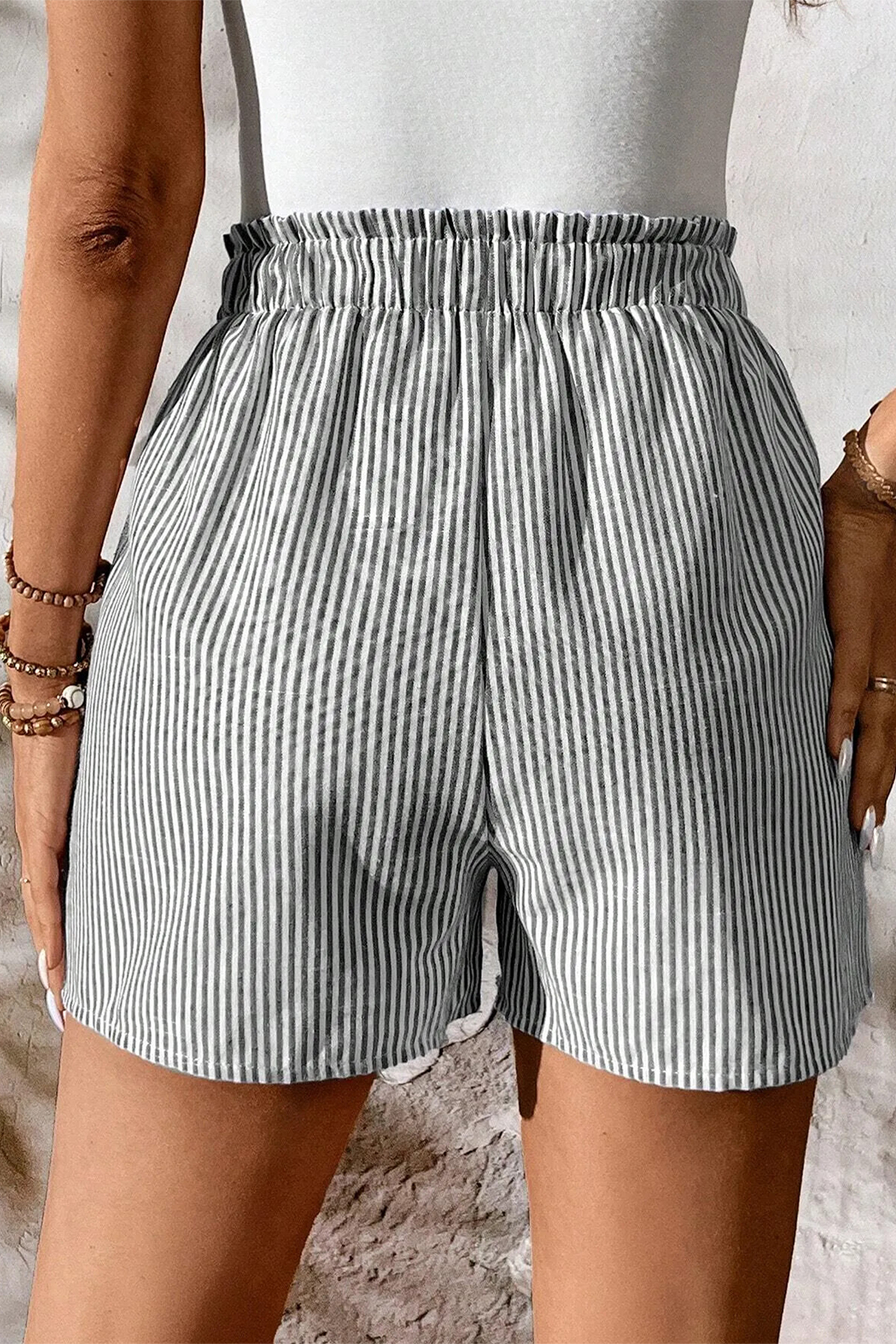 Casual Striped Shorts for Women – High Waist Elastic Waistband with Drawstring and Side Pockets - Detail View 2 Casual Striped Shorts for Women – High Waist Elastic Waistband with Drawstring and Side Pockets - Detail View 2