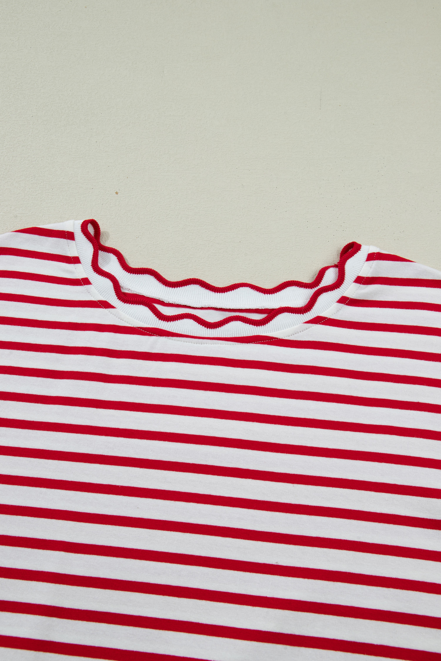 Summer-Ready Women's Red Stripe Top – Scalloped Trim Short Sleeve for Effortless Everyday Style - Detail View 9 Summer-Ready Women's Red Stripe Top – Scalloped Trim Short Sleeve for Effortless Everyday Style - Detail View 9