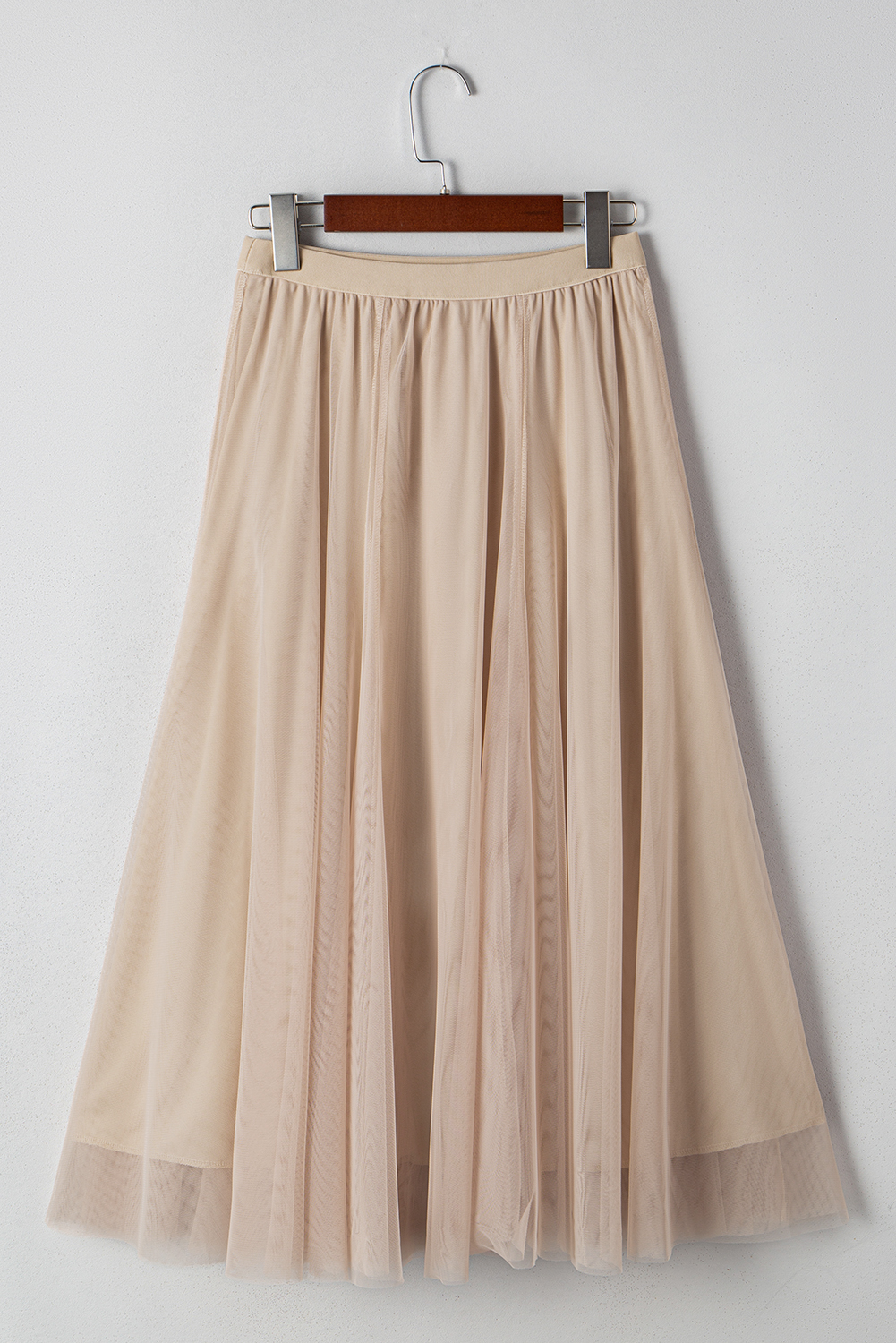 Women's Solid Apricot Mesh Overlay Skirt – High Waisted Flared Summer Midi Skirt for Vacation - Detail View 11 Women's Solid Apricot Mesh Overlay Skirt – High Waisted Flared Summer Midi Skirt for Vacation - Detail View 11