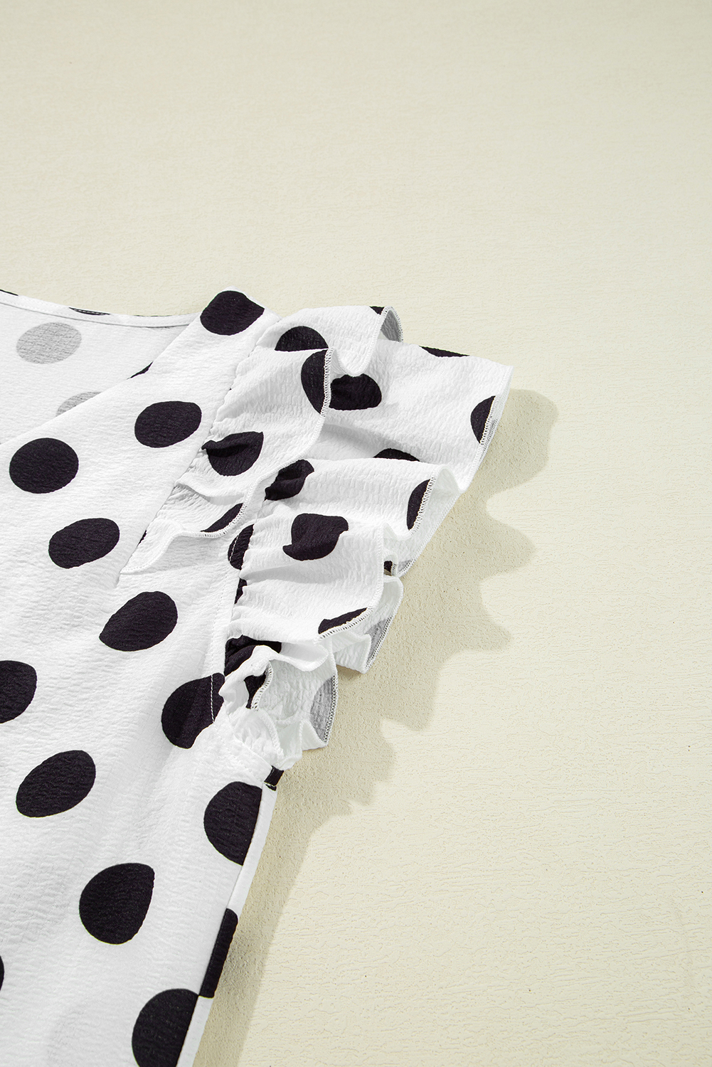 Women's Blouse, White Polka Dot, Ruffled Sleeve, V Neck, Casual, Dressy, Trendy, Flowy, Feminine, Versatile, Summer Wear, Stylish Top, Tops & Blouses, Country Style - Detail View 12 Women's Blouse, White Polka Dot, Ruffled Sleeve, V Neck, Casual, Dressy, Trendy, Flowy, Feminine, Versatile, Summer Wear, Stylish Top, Tops & Blouses, Country Style - Detail View 12