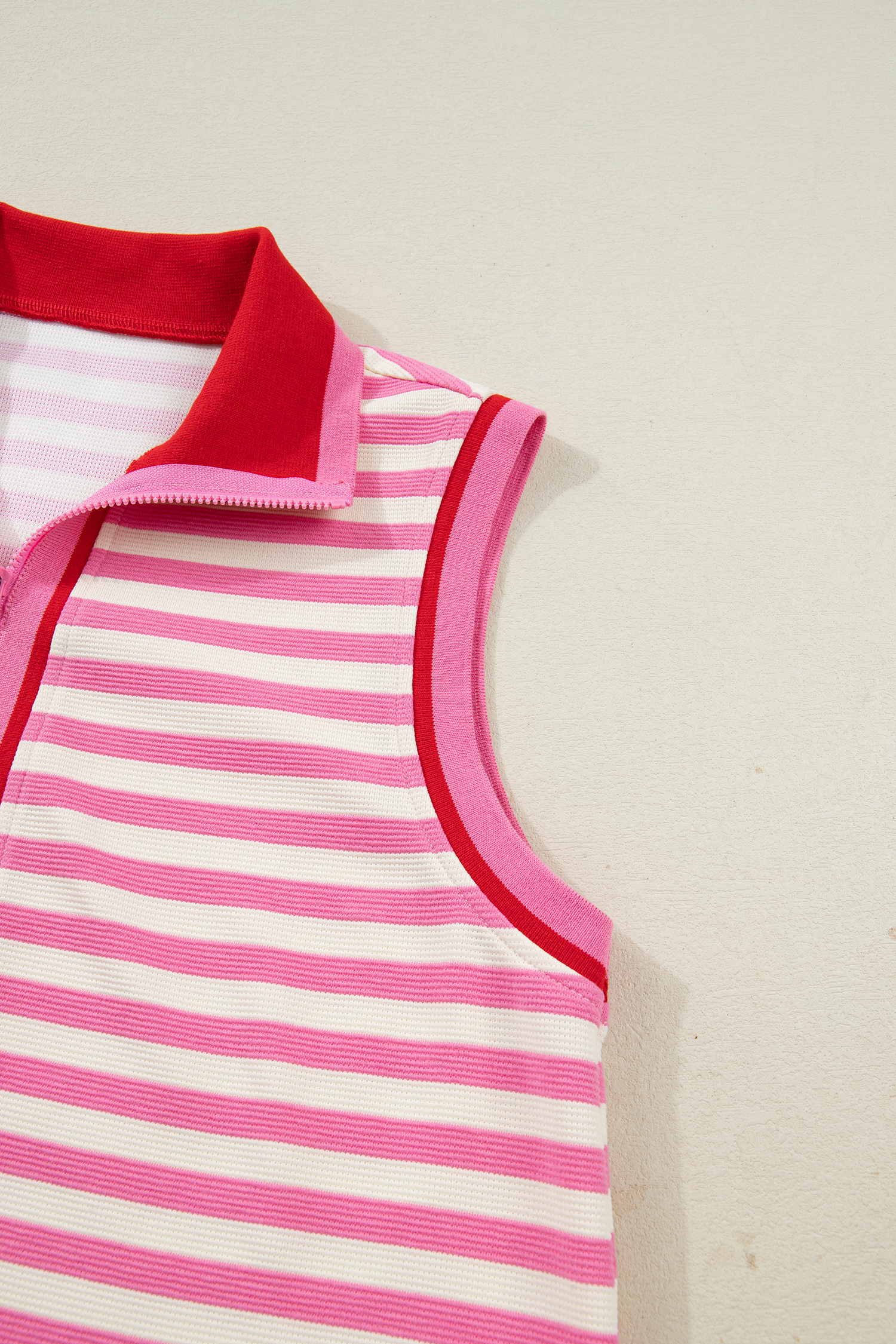 Women's Pink Striped Skort Set – Sleeveless Zip Collar Top & Shift Skirt, Casual Southern Belle Style - Detail View 7 Women's Pink Striped Skort Set – Sleeveless Zip Collar Top & Shift Skirt, Casual Southern Belle Style - Detail View 7